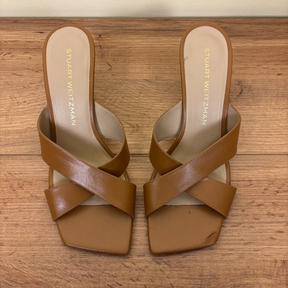 STUART WEITZMAN Dayna Sandal Heels Size 8.5 Macchiato Tan Leather Square Toe - Picture 3 of 11